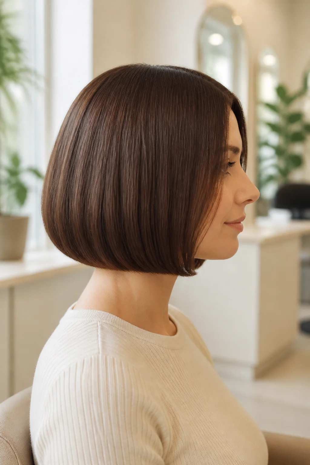 A sleek glossy chin-length brunette bob