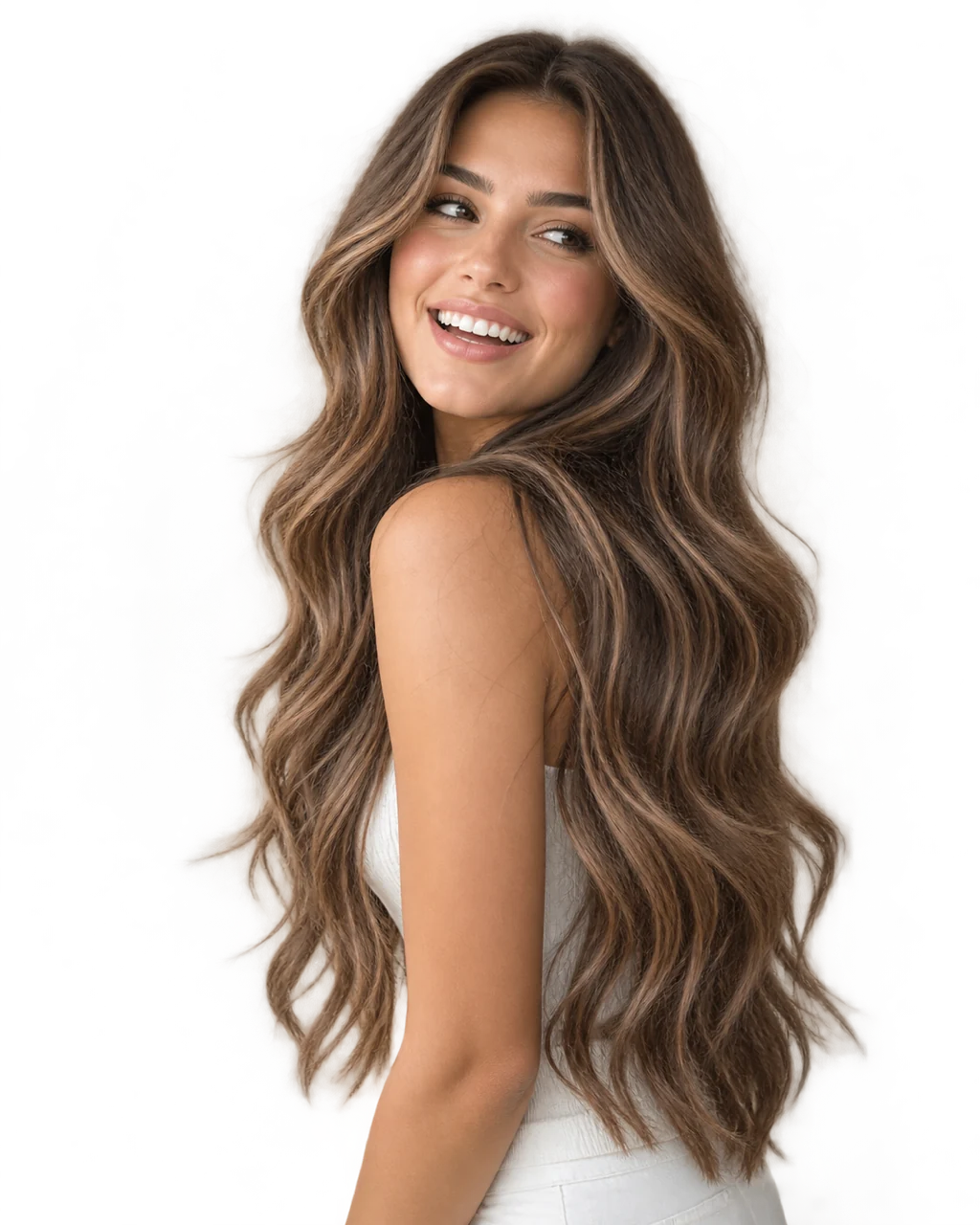 A client smiling with freshly styled glossy hair
