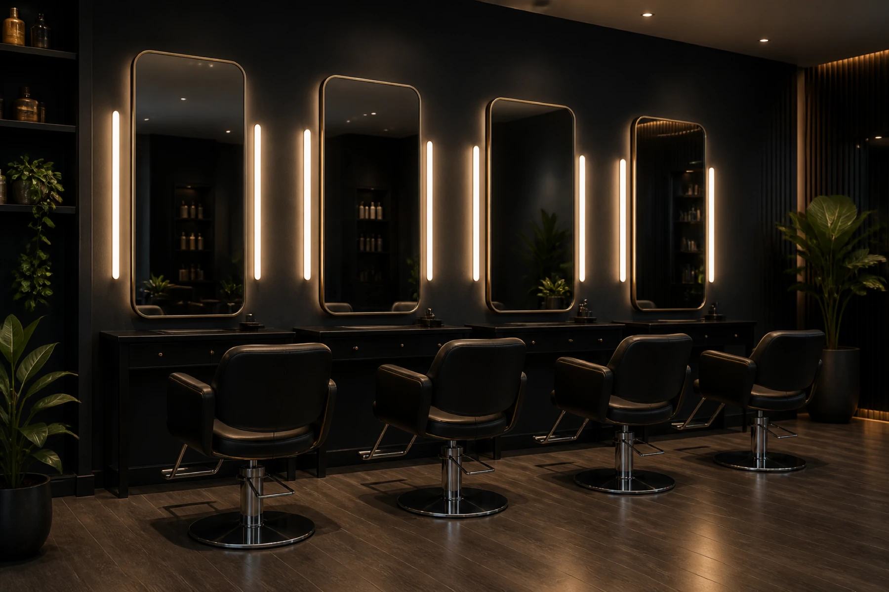 Dark, warmly lit salon interior