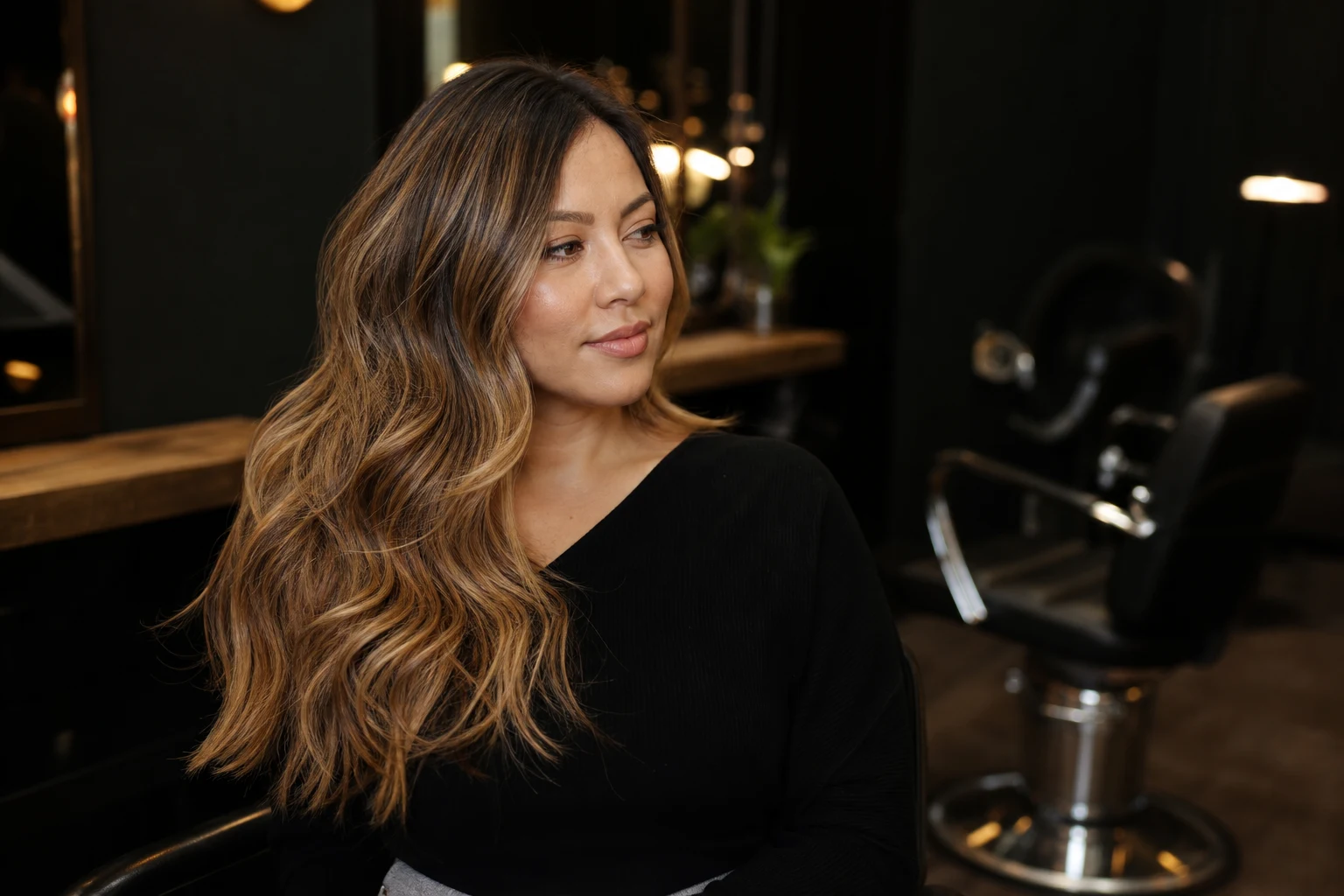Client with honey blonde balayage in a modern salon