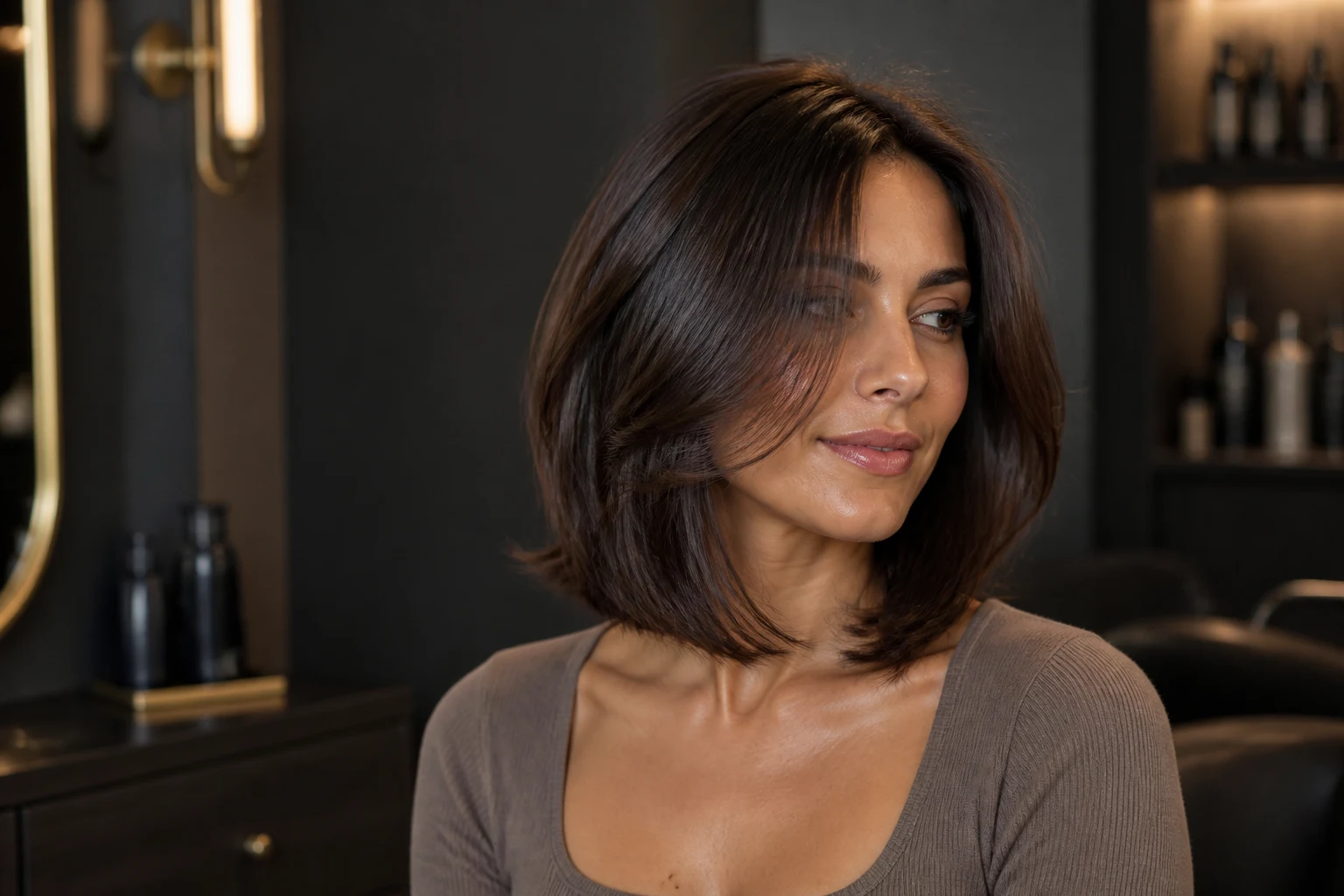 Client with a polished brunette cut and style
