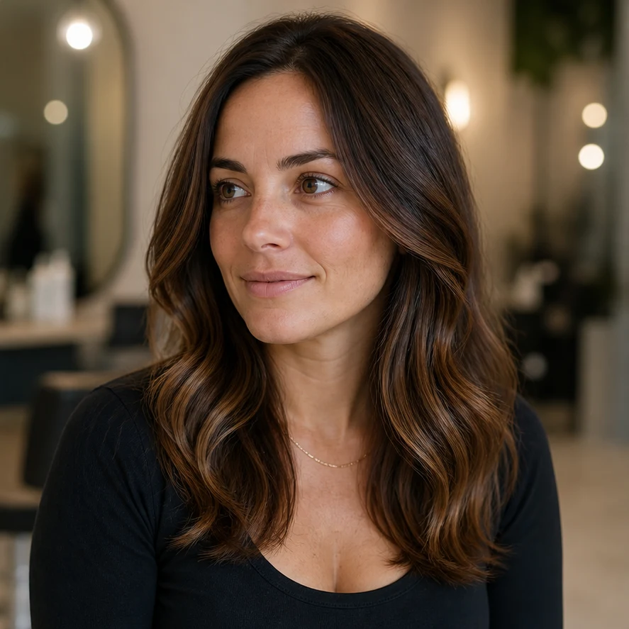 Client with glossy dimensional brunette hair after colour