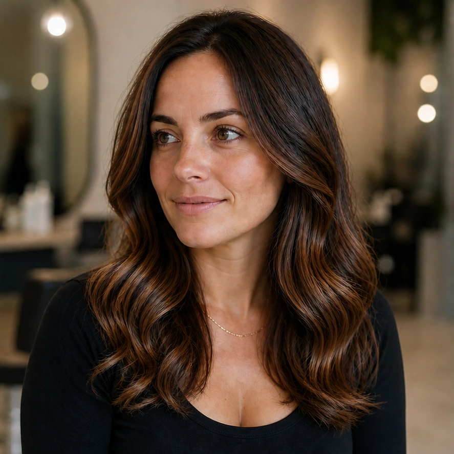 The same client after colour transformation with glossy dimensional brunette waves