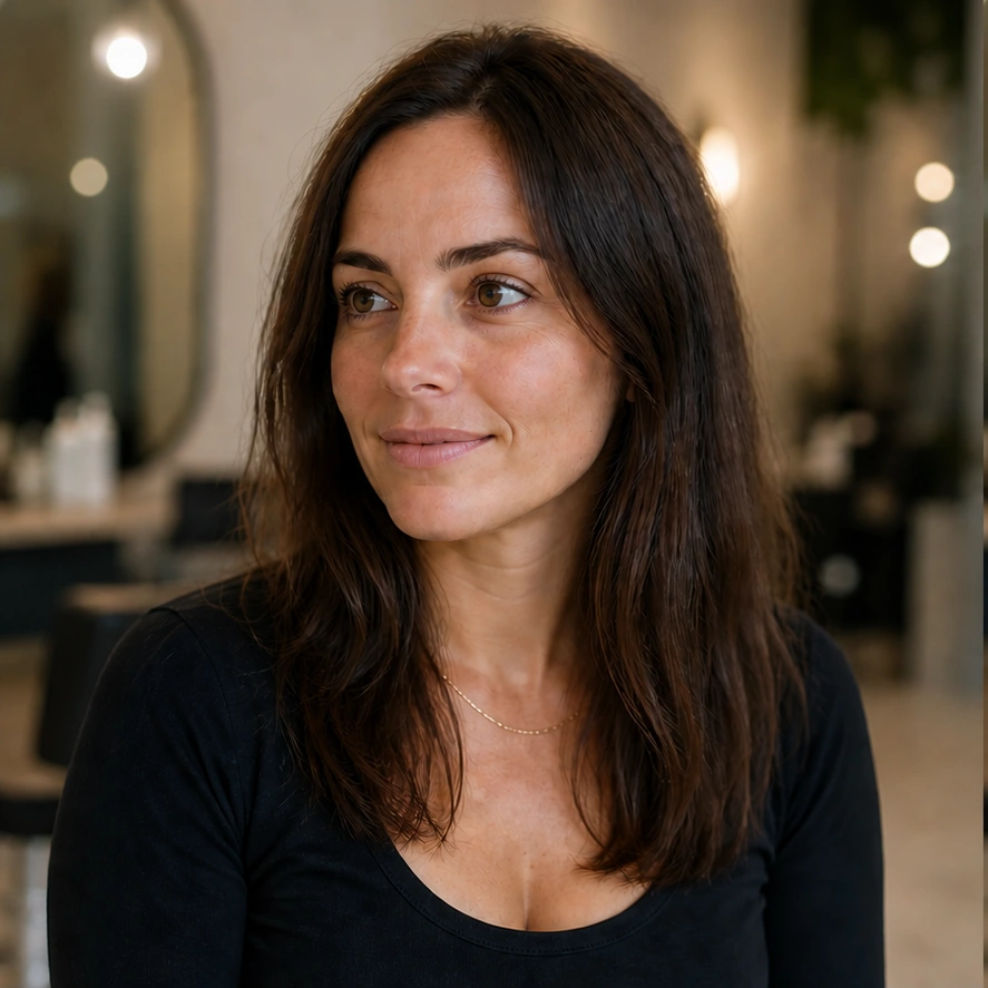 Before colour transformation with naturally straight brunette hair